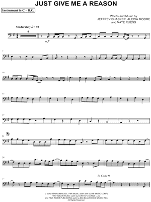 Just Give Me a Reason - Bass Clef Instrument & Piano - Sheet Music (Digital Download)