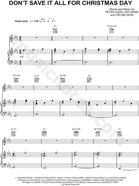 Celine Dion "Don't Save It All for Christmas Day" Sheet Music in Eb Major (transposable ...