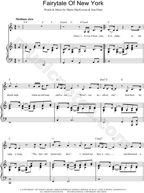 The Pogues "Fairytale of New York" Sheet Music in C Major (transposable) - Download & Print ...