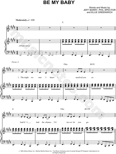 The Ronettes "Be My Baby" Sheet Music in E Major ...