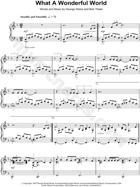 Louis Armstrong &quot;What a Wonderful World&quot; Sheet Music (Piano Solo) in F Major - Download & Print ...