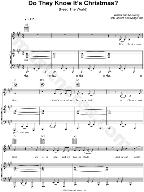 Band Aid &quot;Do They Know It's Christmas?&quot; Sheet Music in A Major (transposable) - Download &amp; Print
