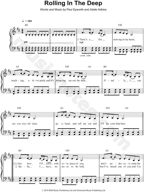 rolling in the deep piano sheet music pdf