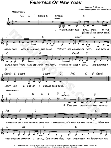 The Pogues "Fairytale of New York" Sheet Music (Leadsheet) in C Major (transposable) - Download ...