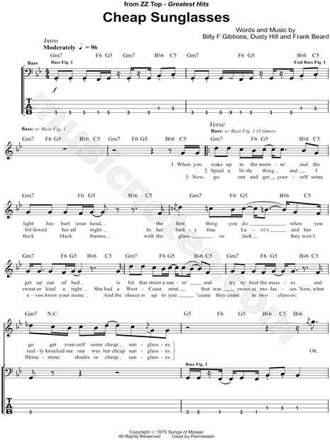 ZZ Top &quot;Cheap Sunglasses&quot; Bass Tab in G Minor - Download & Print - SKU: MN0099765
