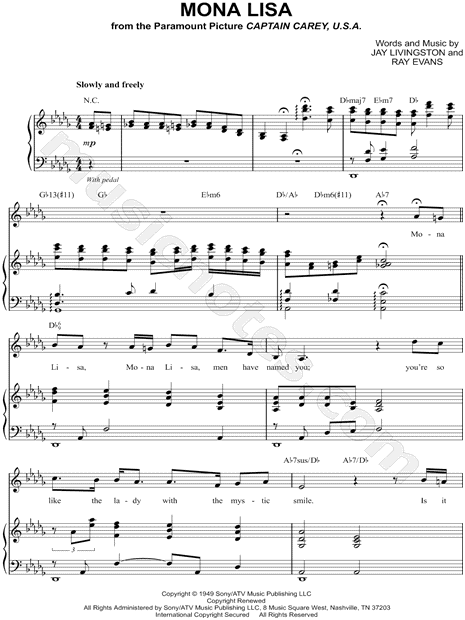 Nat King Cole "Mona Lisa" Sheet Music in Db Major (transposable) - Download & Print - SKU: MN0102142