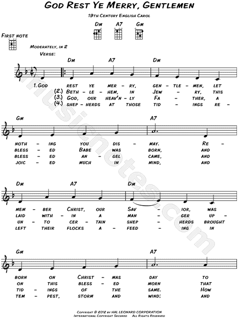 Traditional English Carol "God Rest Ye Merry, Gentlemen" Sheet Music (Leadsheet) in D Minor ...