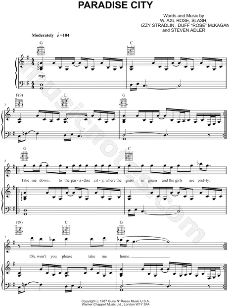 Guns N' Roses "Paradise City" Sheet Music in G Major ...