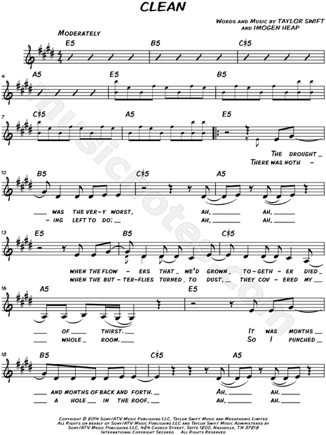 clean taylor swift lyrics chords taylor swift quot clean quot sheet music leadsheet in e major clean taylor swift lyrics chords taylor swift quot clean quot sheet music leadsheet in e major