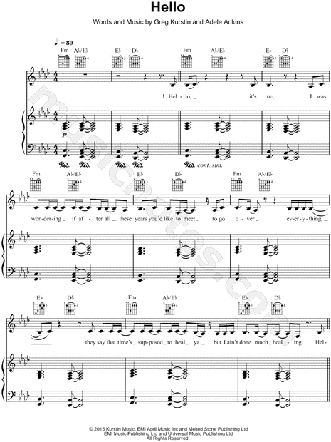 Adele "Hello" Sheet Music in F Minor (transposable) - Download &amp...