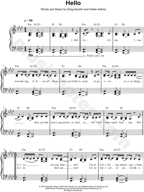 Adele "Hello" Sheet Music (Easy Piano) in F Minor (transposable ...