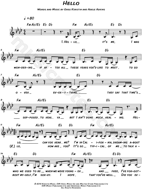 Adele "Hello" Sheet Music (Leadsheet) in F Minor (transposable ...