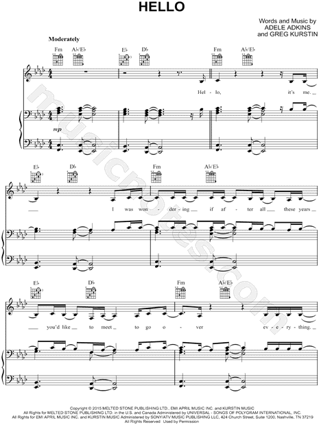 Adele "Hello" Sheet Music in F Minor (transposable) - Download &amp...