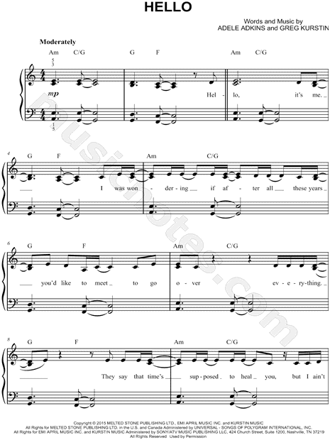 Adele "Hello" Sheet Music (Easy Piano) in A Minor (transposable ...