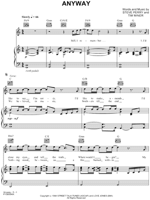 Anyway Sheet Music by Steve Perry - Piano/Vocal/Guitar