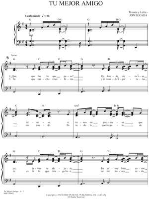 Tu Mejor Amigo Sheet Music by Jon Secada - Piano/Vocal/Chords