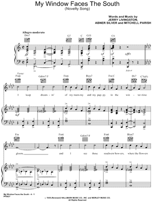 My Window Faces the South Sheet Music by Abner Silver - Piano/Vocal/Guitar