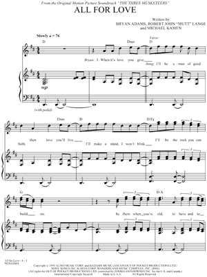 All for Love Sheet Music by Bryan Adams - Piano/Vocal/Chords