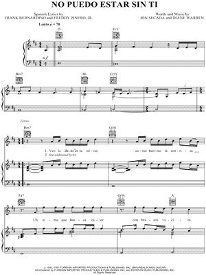 No Puedo Estar Sin Ti Sheet Music by Jon Secada - Piano/Vocal/Guitar