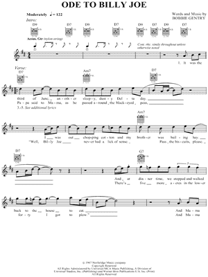 Bobbie Gentry - Ode To Billy Joe - Sheet Music (Digital Download)