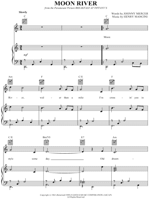Moon River Sheet Music from Breakfast at Tiffany's - Piano/Vocal/Guitar