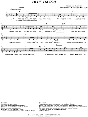 Blue Bayou Sheet Music by Roy Orbison - Leadsheet