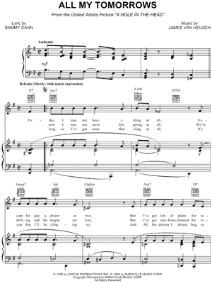 All My Tomorrows Sheet Music from Hole In The Head - Piano/Vocal/Guitar