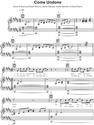 Come Undone Sheet Music by Robbie Williams - Piano/Vocal/Guitar, Singer Pro