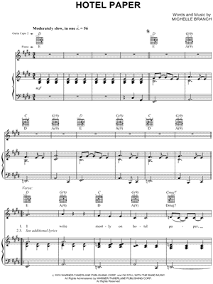 Hotel Paper Sheet Music by Michelle Branch - Piano/Vocal/Guitar