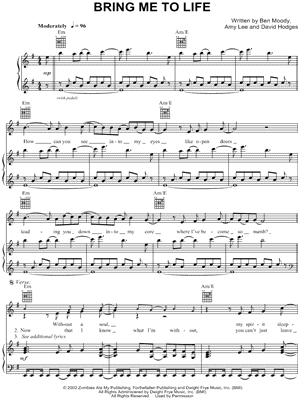 Bring Me To Life Sheet Music by Evanescence - Piano/Vocal/Guitar