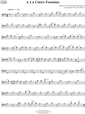 Image of French-Canadian Folksong - A La Claire Fontaine - Cello Sheet Music 