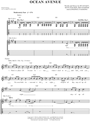 Ocean Avenue Sheet Music by Yellowcard - Guitar TAB