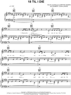 18 Til I Die Sheet Music by Bryan Adams - Piano/Vocal/Guitar, Singer Pro