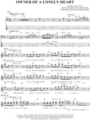 Owner of a Lonely Heart Sheet Music by Yes - Bass TAB