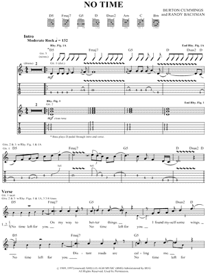 No Time Sheet Music by The Guess Who - Guitar TAB