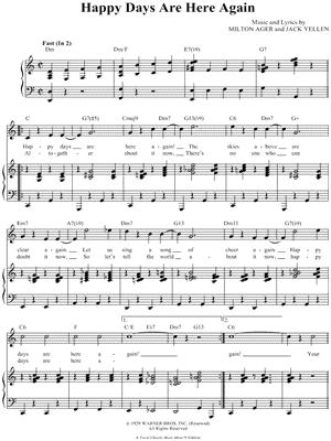 Happy Days Are Here Again Sheet Music from King of Jazz - Piano/Vocal/Chords, Singer Pro