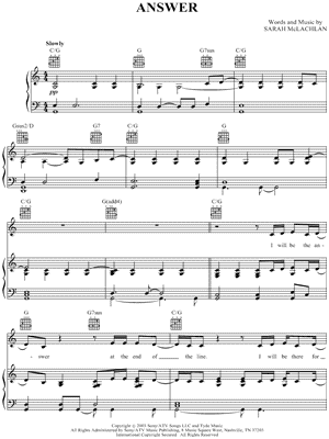 Answer Sheet Music by Sarah McLachlan - Piano/Vocal/Guitar
