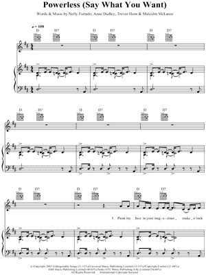 Powerless (Say What You Want) Sheet Music by Nelly Furtado - Piano/Vocal/Guitar, Singer Pro