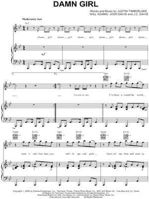 Damn Girl Sheet Music by Justin Timberlake - Piano/Vocal/Guitar