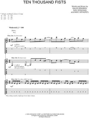 Ten Thousand Fists Sheet Music by Disturbed - Guitar TAB