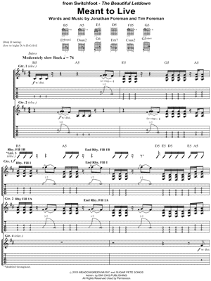 Meant To Live Sheet Music by Switchfoot - Guitar Recorded Versions (with TAB), Guitar TAB Transcription/Guitar Recorded Versions (with TAB);Guitar TAB Transcription