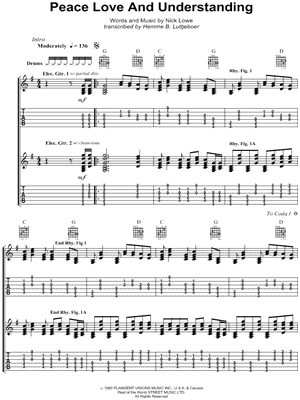 Image of Elvis Costello - Peace, Love, and Understanding Guitar Tab (Digital 