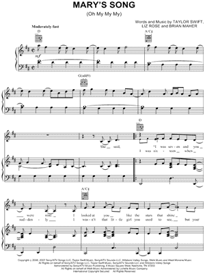 Image of Taylor Swift - Mary's Song Sheet Music (Digital Download)