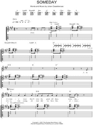 Someday Sheet Music by The Strokes - Guitar TAB Transcription