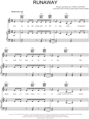 Image of Avril Lavigne Runaway Sheet Music Digital Download