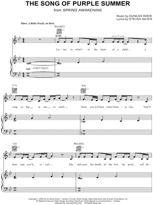The Song of Purple Summer Sheet Music from Spring Awakening - Piano/Vocal/Guitar, Singer Pro