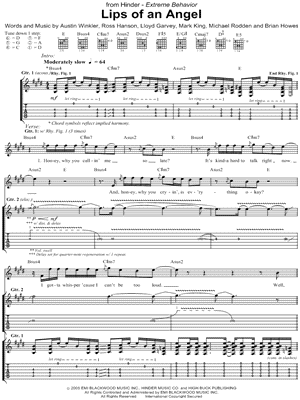 Lips of An Angel Sheet Music by Hinder - Guitar Recorded Versions (with TAB), Guitar TAB Transcription/Guitar Recorded Versions (with TAB);Guitar TAB Transcription
