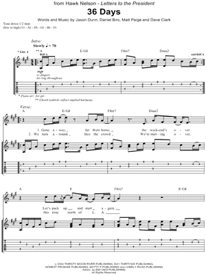 36 Days Sheet Music by Hawk Nelson - Guitar Recorded Versions (with TAB), Guitar TAB Transcription/Guitar Recorded Versions (with TAB);Guitar TAB Transcription