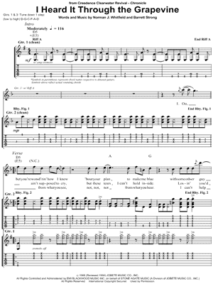 I Heard It Through the Grapevine Sheet Music by Creedence Clearwater Revival - Guitar Recorded Versions (with TAB), Guitar TAB Transcription/Guitar Recorded Versions (with TAB);Guitar TAB Transcription