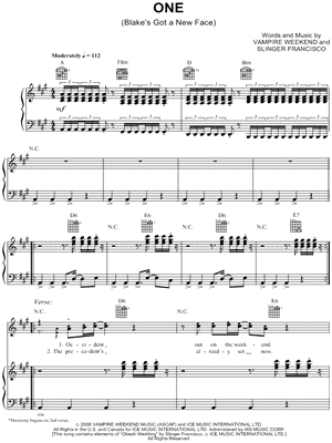 One (Blake's Got a New Face) Sheet Music by Vampire Weekend - Piano/Vocal/Guitar, Singer Pro